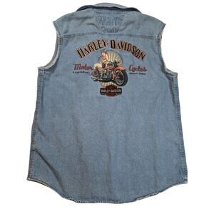 Vintage Harley Davidson Sleeveless Raw Hem Vest Large Denim Biker Riding
